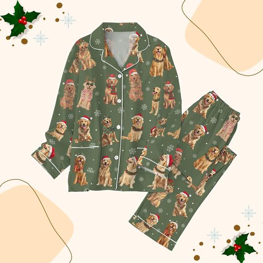 Golden Retriever Christmas Pajamas Set, Santa Dog Xmas Holiday Pajamas, Pet Love Women Pajamas, Cute Dog Pajamas Family, Xmas Gifts