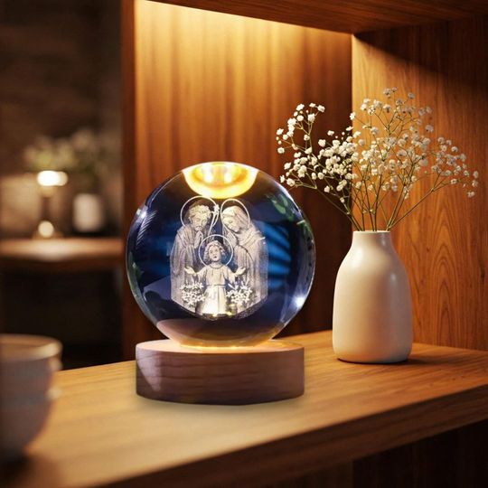 3D Crystal Holy Family Night Light, Engraved Holy Family Crystal Ball with LED Base, Religious Gift, Catholic Gift, Christian Gift