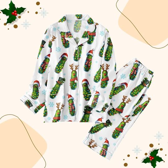 Discover Pickles Christmas Pajamas Set, Funny Pickleballs Pajamas Family, Santa Hat Holiday Pajamas, Pickles Jar Sleepwear, Xmas Party Gift Idea