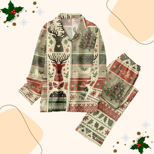 Vintage Reindeer Christmas Family Pajamas Set, Xmas Patchwork Holiday Pajamas, Retro Winter Shirt, Deer Xmas Party Gift For Her Him