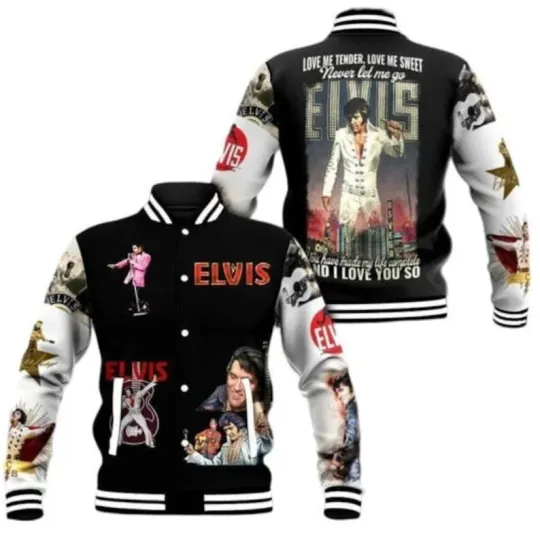 Discover Retro Elvis Presley Varsity Jacket, King of Rock Outerwear, Men’s Baseball Jacket