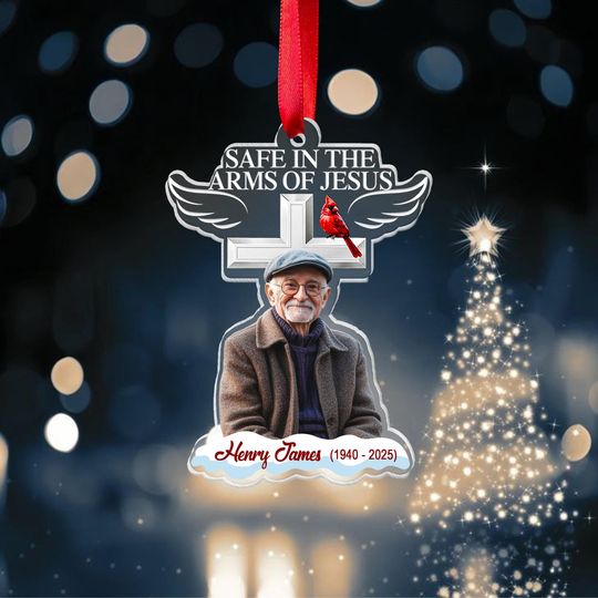 Personalized Memorial Ornament  Safe in the Arms of Jesus Cross with Cardinal, Custom Photo Remembrance Gift for Loss of Loved One