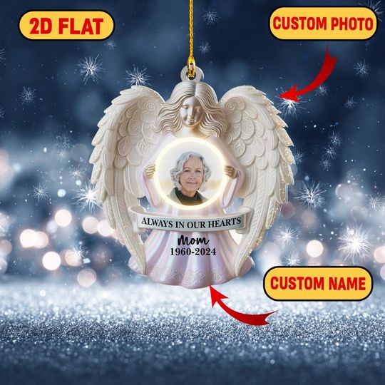 Discover Personalized Angel Memorial 2D Flat Acrylic Ornament, Custom Photo In Memory Christmas Ornament, Always in Our Hearts Keepsake Gift