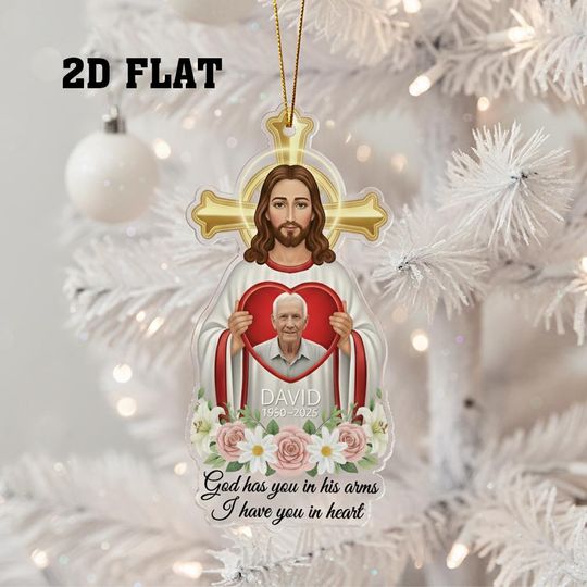 Discover Personalized Memorial Jesus 2D FLAT Ornament, Custom Photo Remembrance Gift, God Has You in His Arms Christmas Keepsake, Sympathy Decor