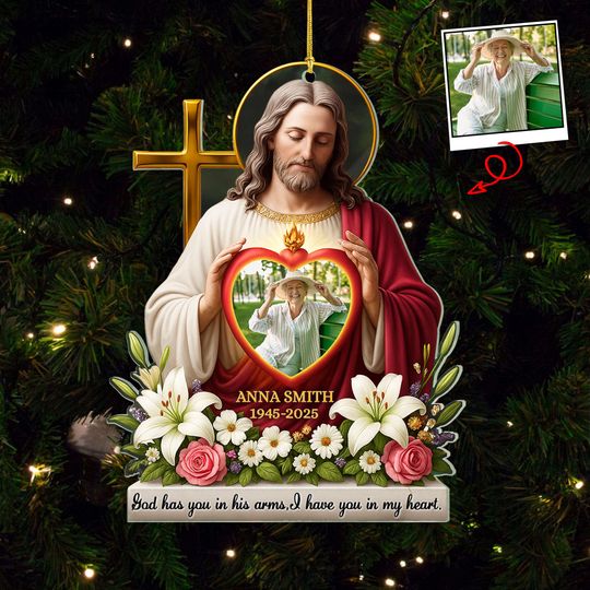 Discover 2D FLAT Custom Photo Safe In The Arms Of Jesus Acrylic Ornament, Christmas In Heaven, Religious Sympathy Gift,Remembrance Christmas Ornament