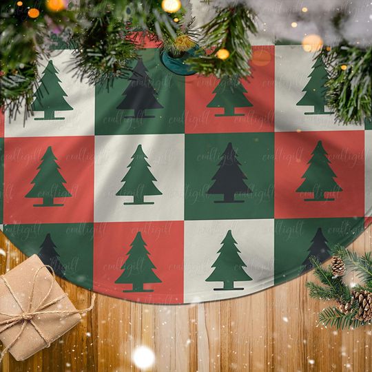 Discover Vintage Pine Tree Christmas Skirt, Cozy Plaid Pine Tree Skirt, Rustic Plaid Holiday Tree Skirt, Traditional Pine Tree Christmas Decor,MYJ897