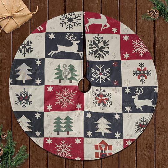 Farmhouse Patchwork Christmas Tree Skirt, Snowflake Christmas Tree Skirt, Holiday Reindeer Tree Skirt, Cozy Lodge Cabin Tree Skirt, MYJ890