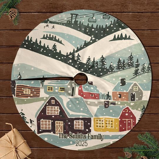 Discover Personalized Snow Scene Tree Skirt, Winter Village Scene Tree Skirt, Snowy Cabin Scene Tree Skirt, Cozy Family Holiday Tree Skirt, MYJ884
