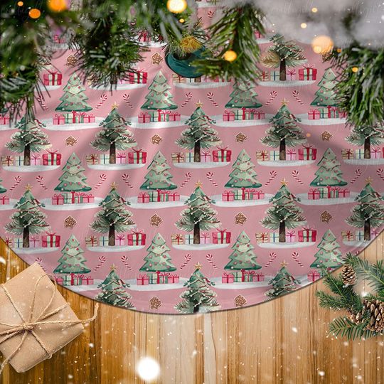 Discover Whimsical Pink Christmas Tree Skirt, Cozy Gingerbread Holiday Tree Skirt, Xmas Tree Skirt With Candy Cane, Cute Pink Christmas Decor, MYJ882