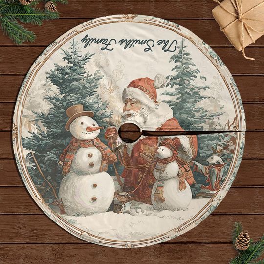 Custom Holiday Tree Skirt With Santa, Classic Snowman Xmas Tree Skirt, Elegant Family Festive Tree Skirt, Seasonal Decor For Family, MYJ877