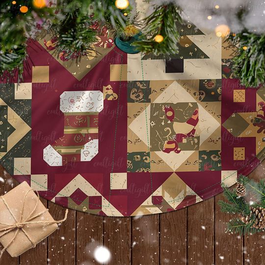 Discover Vintage Patchwork Christmas Tree Skirt, Jolly Holiday Santa Claus Skirt, Cozy Cabin Xmas Tree Skirt, Country Farmhouse Tree Skirt, MYJ880