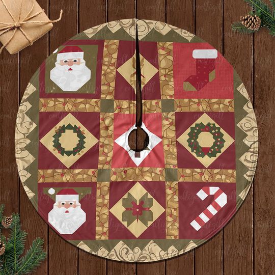 Discover Festive Santa And Tree Christmas Skirt, Warm Rustic Cabin Tree Skirt, Seasonal Holiday Tree Skirt, Vintage Patchwork Xmas Tree Skirt, MYJ881