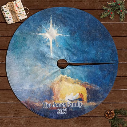 Custom Family Christian Tree Skirt, Watercolor Sky Nativity Star Tree Skirt, Holy Night Religious Tree Skirt, Faith Based Xmas Decor, MYJ885