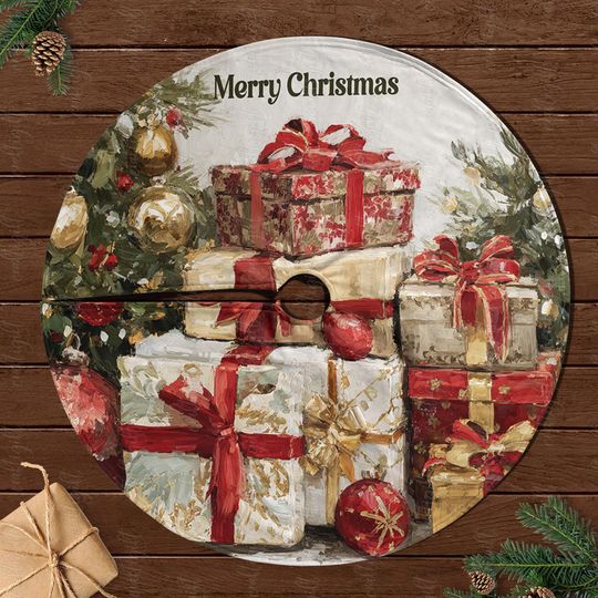 Discover Vintage Christmas Tree Skirt With Gifts, Classic Holiday Tree Skirt, Red Gold Presents Decor Tree Skirt, Festive Tree Skirt For Home, MYJ883
