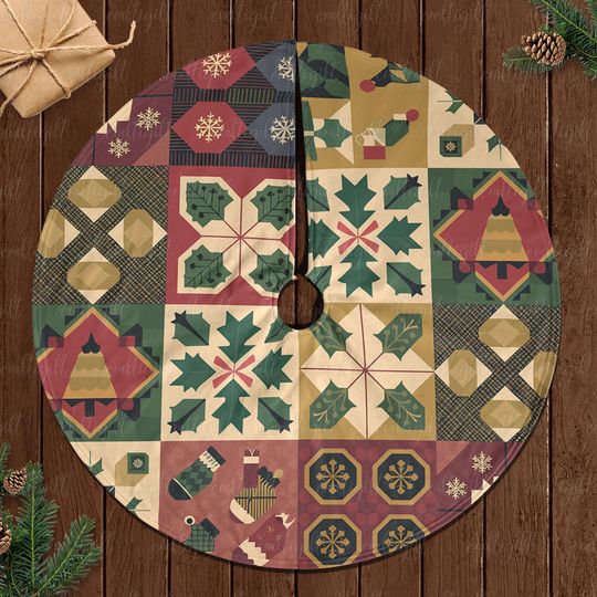 Discover Scandinavian Patchwork Tree Skirt, Folk Art Patchwork Tree Skirt, Colorful Christmas Tree Skirt, Family Xmas Celebration Tree Skirt, MYJ887