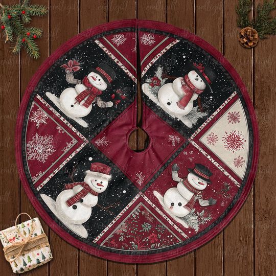Discover Classic Snowman Christmas Tree Skirt, Whimsical Snowman Tree Skirt, Rustic Red Snowman Tree Skirt, Cozy Winter Snowflake Tree Skirt, MYJ924