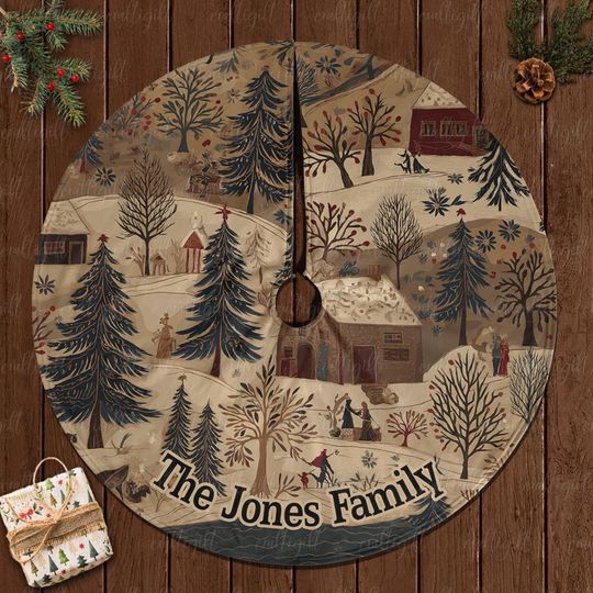 Discover Christmas Family Name Custom Tree Skirt, Cozy Cabin Holiday Tree Skirt, Retro Village Xmas Tree Skirt, Traditional Winter Scene Decor,MYJ936