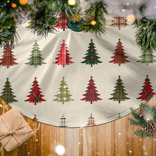 Farmhouse Christmas Tree Skirt, Vintage Holiday Plaid Tree Skirt, Rustic Winter Cabin Tree Skirt, Traditional Red Green Xmas Decor, VTB273