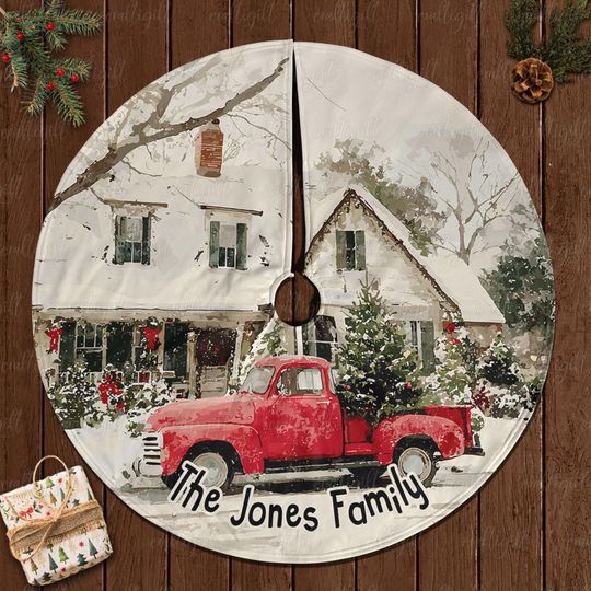 Discover Personalized Family Xmas Tree Skirt, Rustic Cabin Christmas Tree Skirt, Red Truck Farmhouse Tree Skirt, Classic Winter Scene Decor, MYJ937