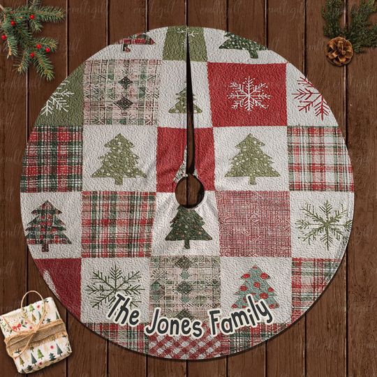 Discover Festive Family Name Tree Skirt Custom, Cozy Patchwork Christmas Tree Skirt, Warm Rustic Lodge Xmas Tree Skirt, Seasonal Home Accent, MYJ938