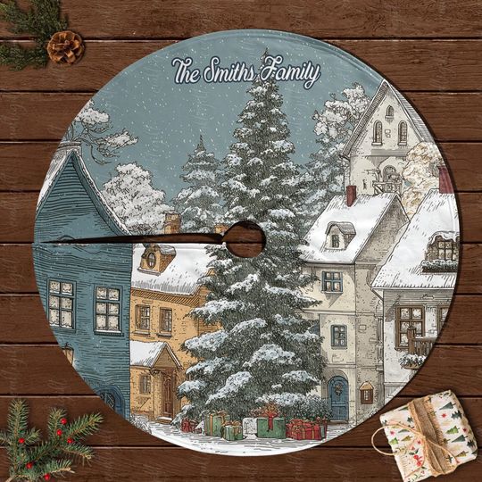 Custom Family Name Holiday Tree Skirt, Retro Christmas Village Tree Skirt, Festive Pine Tree Skirt, Farmhouse Winter Scene Tree Skirt,MYJ922