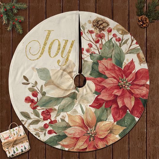 Discover Festive Poinsettia And Berry Tree Skirt, Joy Xmas Tree Skirt, Farmhouse Poinsettia Tree Skirt, Rustic Winter Tree Skirt With Flowers, MYJ928