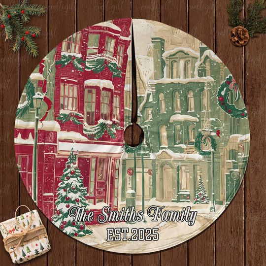 Discover Custom Holiday Town Scene Tree Skirt, Festive Cityscape Tree Skirt, Snow Covered Houses Tree Skirt, Christmas Family Decor For Home, MYJ931