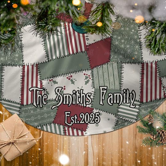 Personalized Family Farmhouse Tree Skirt, Patchwork Christmas Tree Skirt, Cozy Cabin Patchwork Tree Skirt, Xmas Decor For Living Room,MYJ930