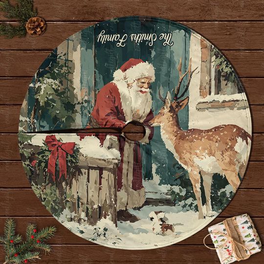 Discover Custom Family Name Santa Tree Skirt, Farmhouse Santa And Deer Tree Skirt, Rustic Farmhouse Tree Skirt, Santa Xmas Decor Tree Skirt, MYJ927