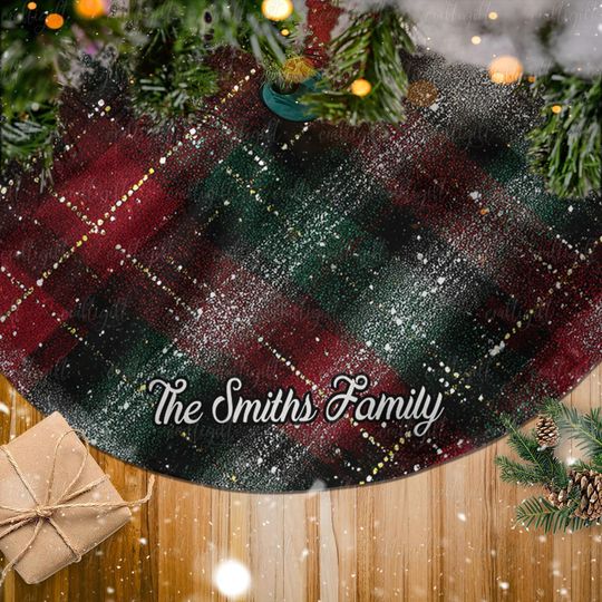 Discover Christmas Tree Skirt Custom Family Name, Rustic Red Green Plaid Tree Skirt, Red Check Cozy Cabin Tree Skirt, Holiday Decor For Home, MYJ918