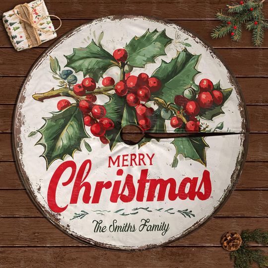 Personalized Holly Christmas Tree Skirt, Merry Christmas Tree Skirt, Holly Berry Xmas Tree Skirt, Holiday Tree Skirt With Family Name,MYJ926