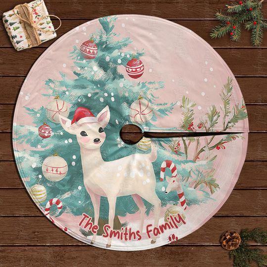 Discover Christmas Tree Skirt Custom Family Name, Cozy Holiday Reindeer Tree Skirt, Scandinavian Deer Tree Skirt, Cute Animal Decor For Family,MYJ915