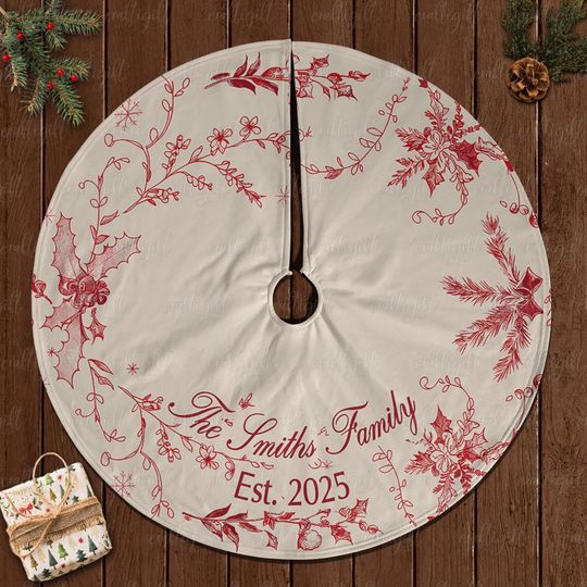 Personalized Tree Skirt With Family Name, Festive Tree Skirt With Holly, Winter Snowflake Tree Skirt, Red Floral Christmas Tree Skirt,MYJ929