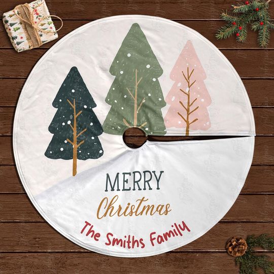 Discover Christmas Tree Skirt Custom Family Name, Cute Holiday Tree Skirt With Pine Tree, Merry Christmas Tree Skirt, Family Decor For Xmas, MYJ914