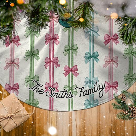 Discover Custom Name Christmas Tree Skirt, Cheerful Bow Christmas Tree Skirt, Holiday Ribbon Tree Skirt, Decor Xmas Tree Skirt For Families, MYJ905