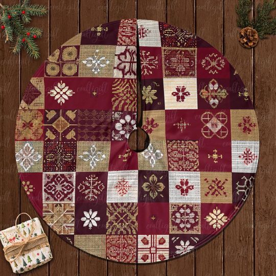 Rustic Elegant Christmas Tree Skirt, Cozy Winter Patchwork Tree Skirt, Old World Holiday Tree Skirt, Traditional Winter Cabin Decor, MYJ913
