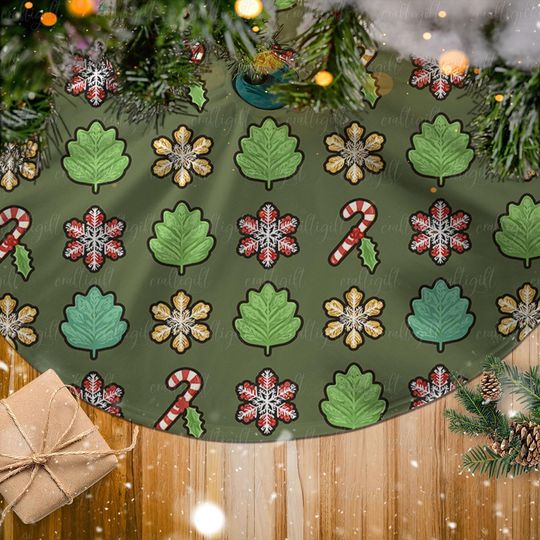 Whimsical Christmas Tree Skirt, Snowflake And Leaf Tree Skirt, Festive Candy Cane Tree Skirt, Cheerful Holiday Tree Skirt For Family, MYJ907
