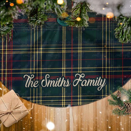 Discover Customizable Family Name Tree Skirt, Festive Christmas Plaid Tree Skirt, Red And Green Checkered Tree Skirt, Warm Holiday Tree Skirt, MYJ909