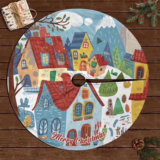 Discover Christmas Town Scene Tree Skirt, Whimsical Holiday Village Tree Skirt, Joyful Christmas Tree Skirt, Merry And Bright Holiday Decor, MYJ904