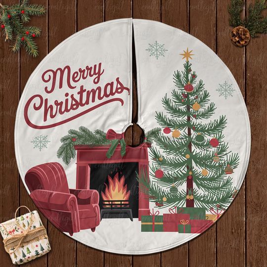 Discover Cozy Holiday Scene Tree Skirt, Warm Winter Fireplace Tree Skirt, Classic Red Chair Tree Skirt, Christmas Living Room Tree Skirt Decor,MYJ899