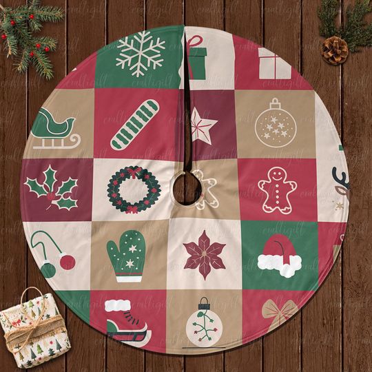 Unique Christmas Icons Tree Skirt, Ornament And Snowflake Tree Skirt, Gingerbread Cookies Tree Skirt, Whimsical Holiday Tree Skirt, MYJ898