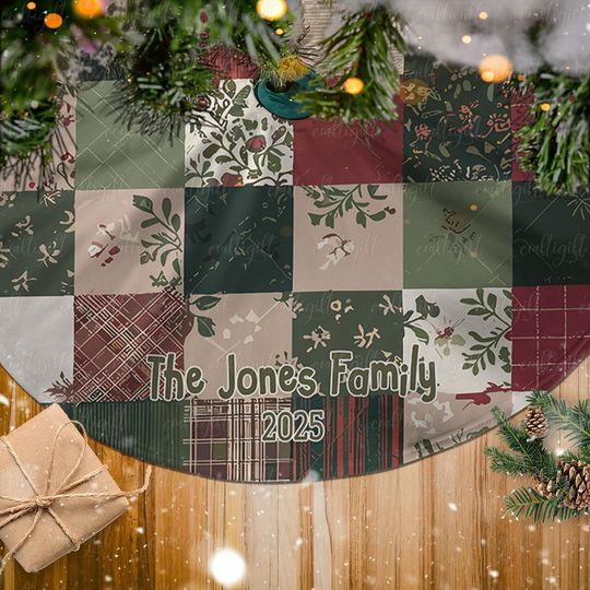 Discover Personalized Family Name Christmas Tree Skirt, Country Patchwork Holiday Skirt, Farmhouse Xmas Tree Skirt, Seasonal Decor For Family, MYJ894