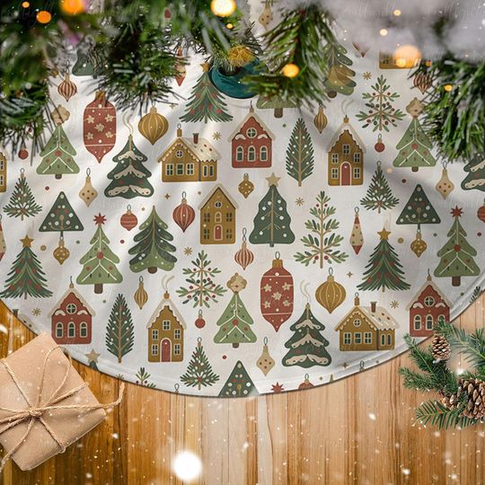 Discover Holiday Cabin Scene Tree Skirt, Snowy Village Tree Skirt, Country Farmhouse Christmas Tree Skirt, Cottagecore Festive Gift Tree Skirt,MYJ901