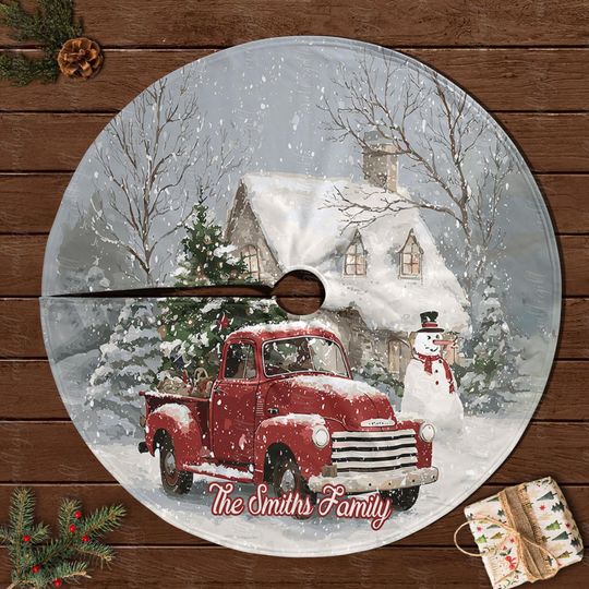 Discover Elegant Custom Family Tree Skirt, Red Truck And Snowman Tree Skirt, Snow Covered Houses Tree Skirt, Vintage Farmhouse Holiday Decor, MYJ910