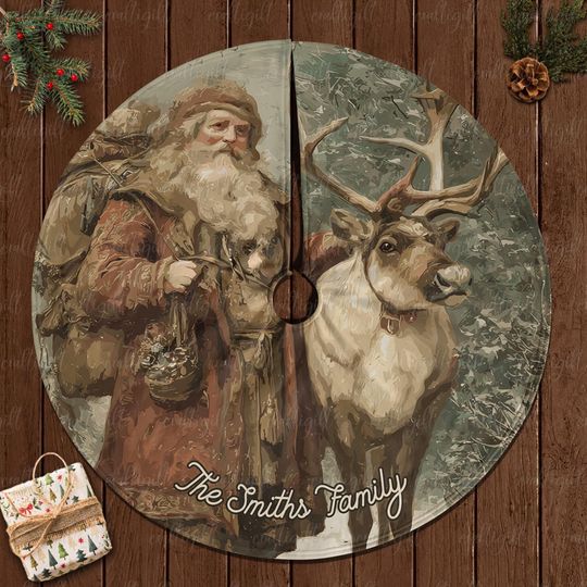 Discover Custom Name Rustic Christmas Tree Skirt, Antique Santa Claus Tree Skirt, Santa With Reindeer Tree Skirt, Family Decor For Living Room,MYJ906