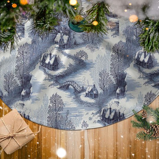 Discover Blue Toile House Christmas Tree Skirt, Winter Village Scene Tree Skirt, Rustic Holiday Tree Skirt, Elegant Farmhouse Holiday Decor, MYJ895