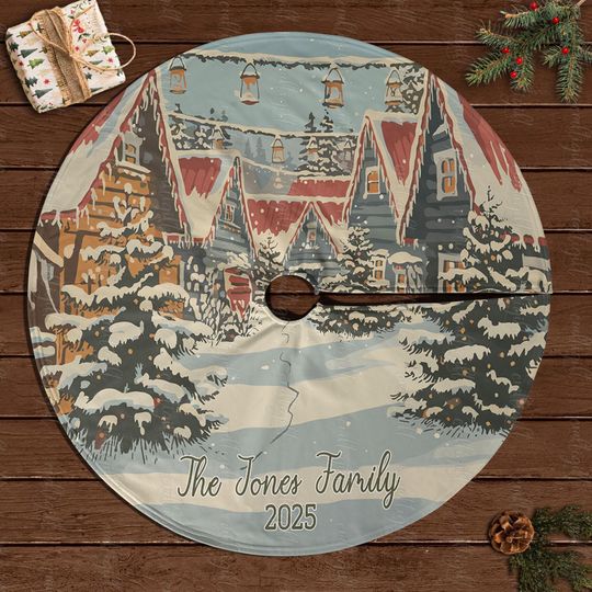 Discover Personalized Rustic Cabin Tree Skirt, Snow Village Christmas Tree Skirt, Snow Covered House Tree Skirt, Family Xmas Celebration Decor,MYJ900