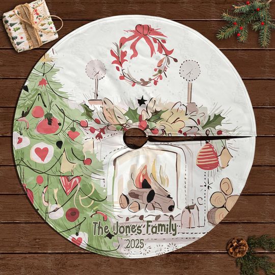 Custom Cozy Fireplace Tree Skirt, Family Name Xmas Tree Skirt, Family Holiday Skirt For Living Room, Winter Tree Skirt Home Accent, MYJ896