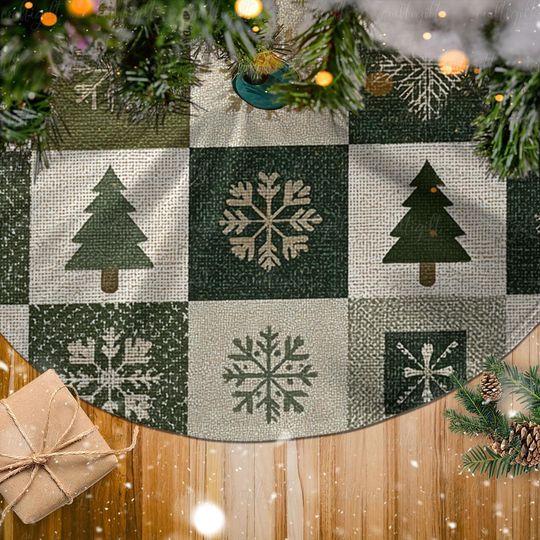 Discover Elegant Forest Green Tree Skirt, Warm Winter Snowflake Tree Skirt, Lodge Cabin Christmas Tree Skirt, Cozy Home Holiday Tree Skirt, MYJ912