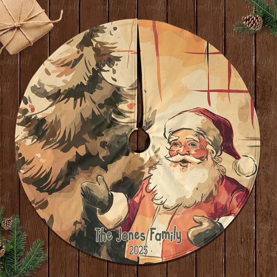 Discover Custom Family Name Christmas Tree Skirt, Classic Santa Tree Skirt, Santa Claus Holiday Tree Skirt, Farmhouse Christmas Tree Skirt, MYJ892